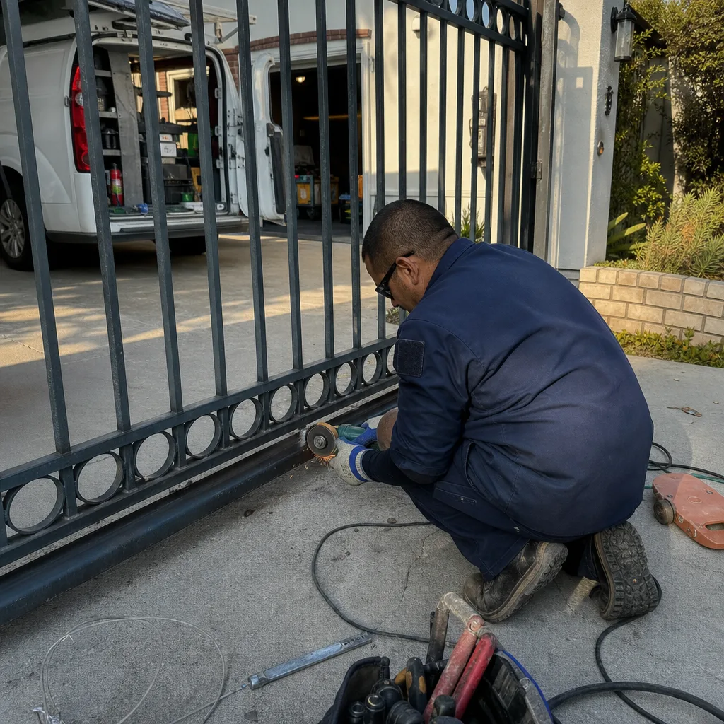 Professional technician performing on-site metal gate repair and maintenance