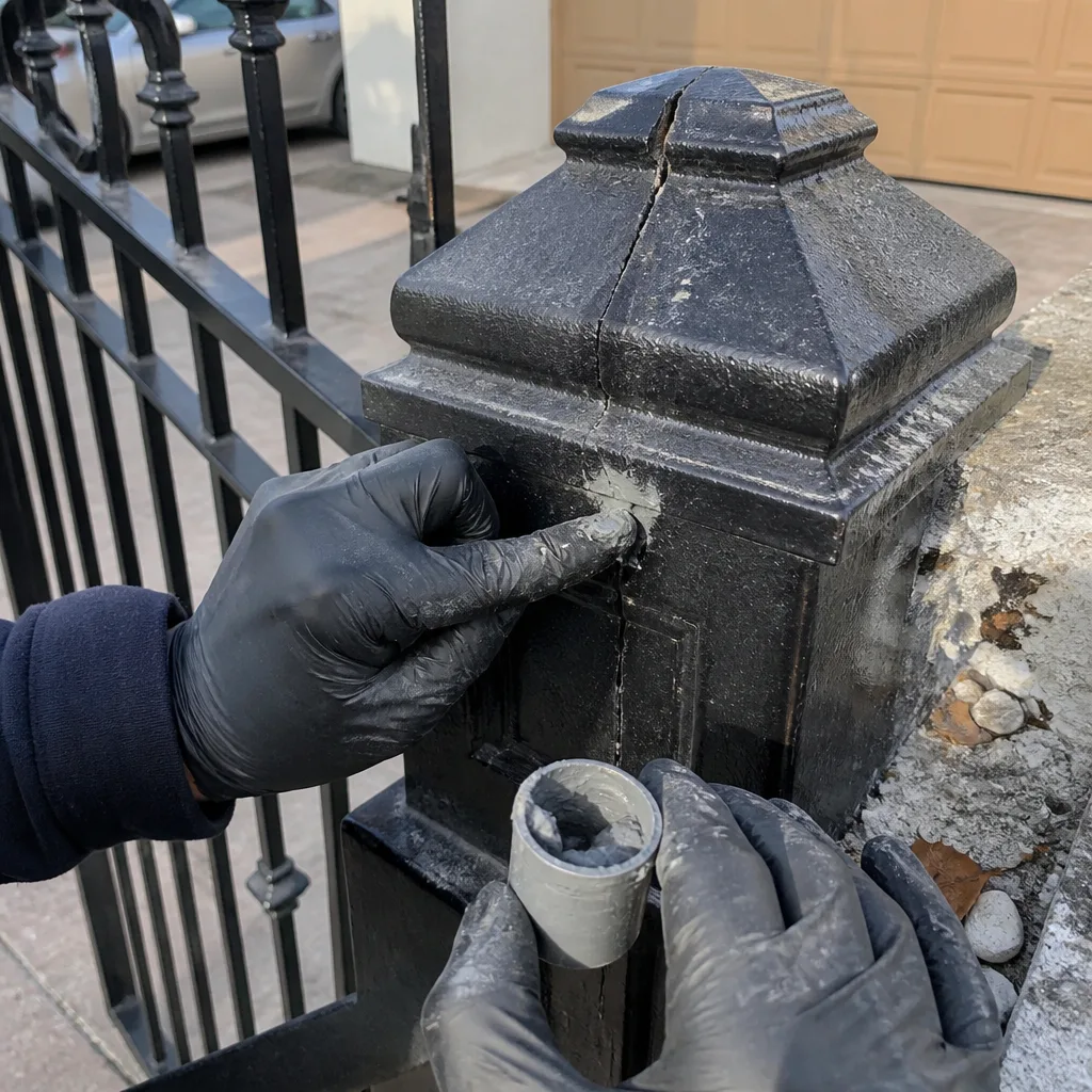 Professional technician applying repair putty to a cracked metal gate post