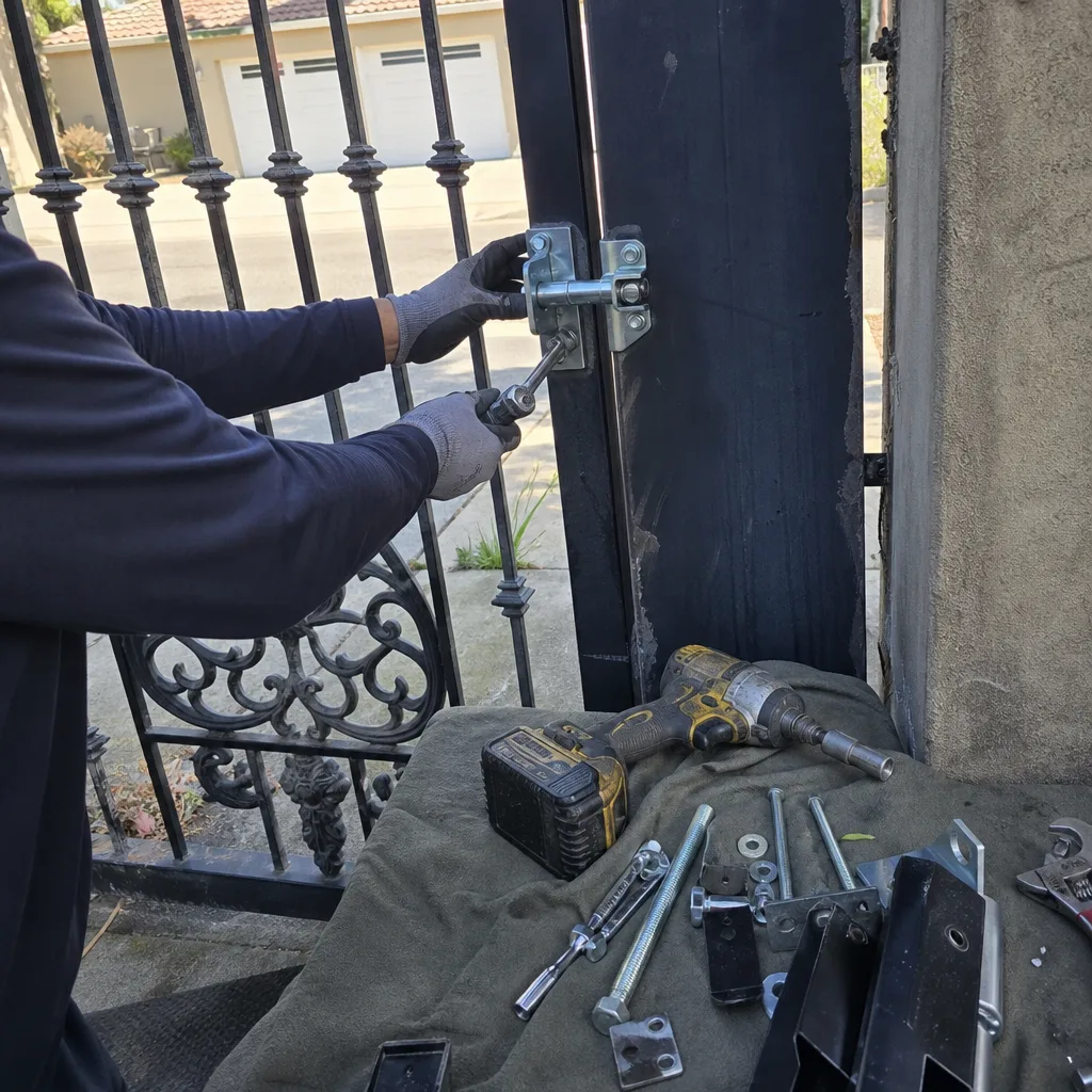 Technician performing professional metal gate latch repair and installation